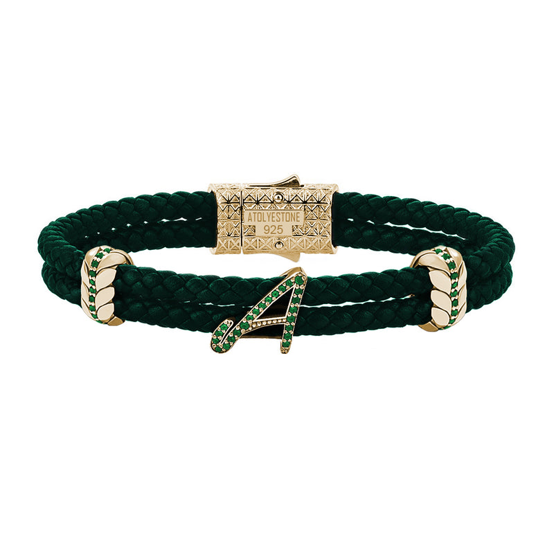 Braided Leather Bracelet with Pave Italic Letters Green Nappa Yellow Gold Color - Atolyestone