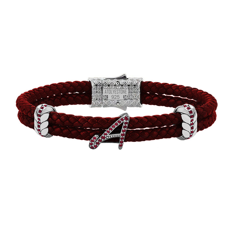 Men's Braided Leather Bracelet with Pave Italic Letters Red Nappa - Atolyestone