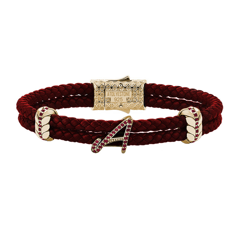 Atolyestone Braided Leather Bracelet with Pave Italic Letters - Red Nappa Yellow Gold Golor