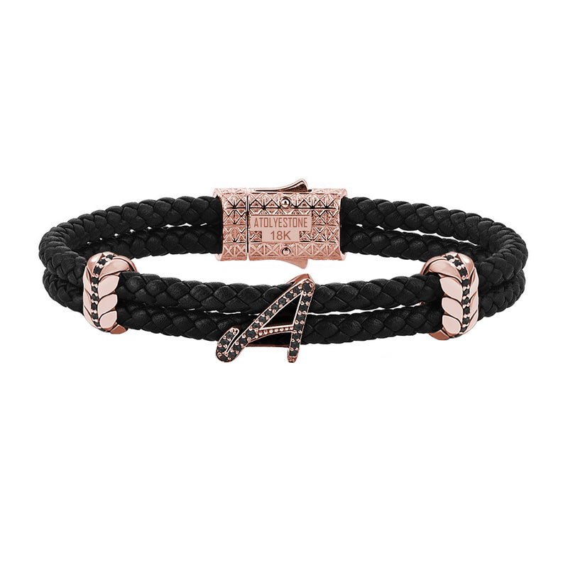 Atolyestone Solid Gold Leather Bracelet with Pave Italic Letters Black Nappa Rose Gold