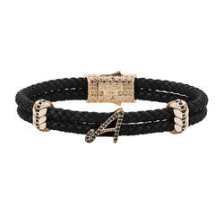 Atolyestone Solid Gold Leather Bracelet with Pave Italic Letters Black Nappa Yellow Gold