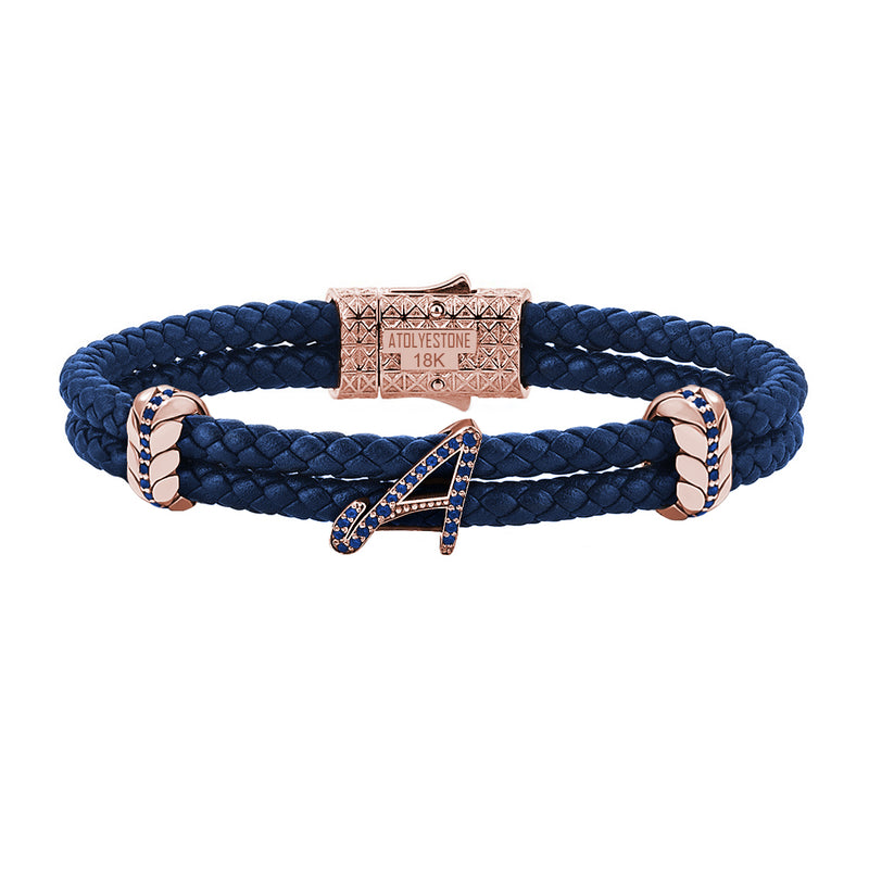 Atolyestone Solid Gold Leather Bracelet with Pave Italic Letters Blue Nappa Rose Gold