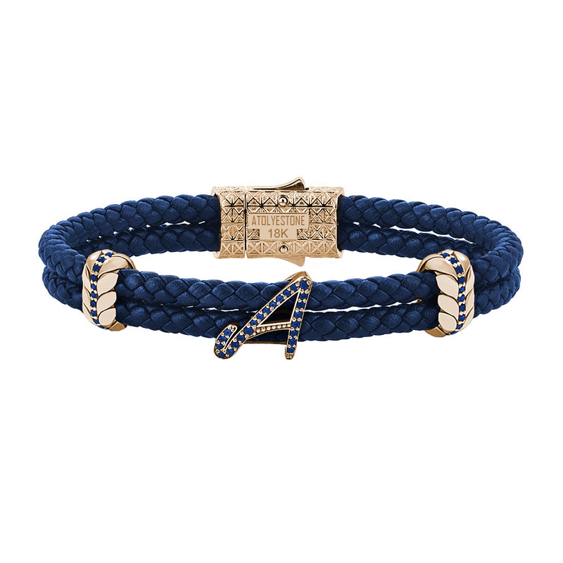 Atolyestone Solid Gold Leather Bracelet with Pave Italic Letters Blue Nappa Yellow Gold