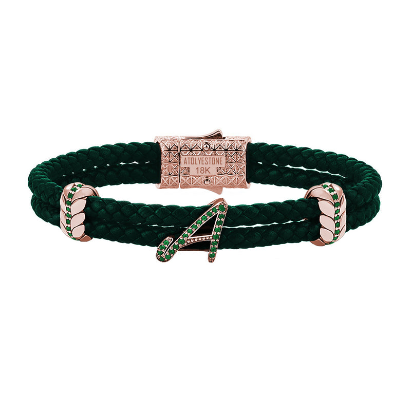 Atolyestone Solid Gold Leather Bracelet with Pave Italic Letters Green Nappa Rose Gold