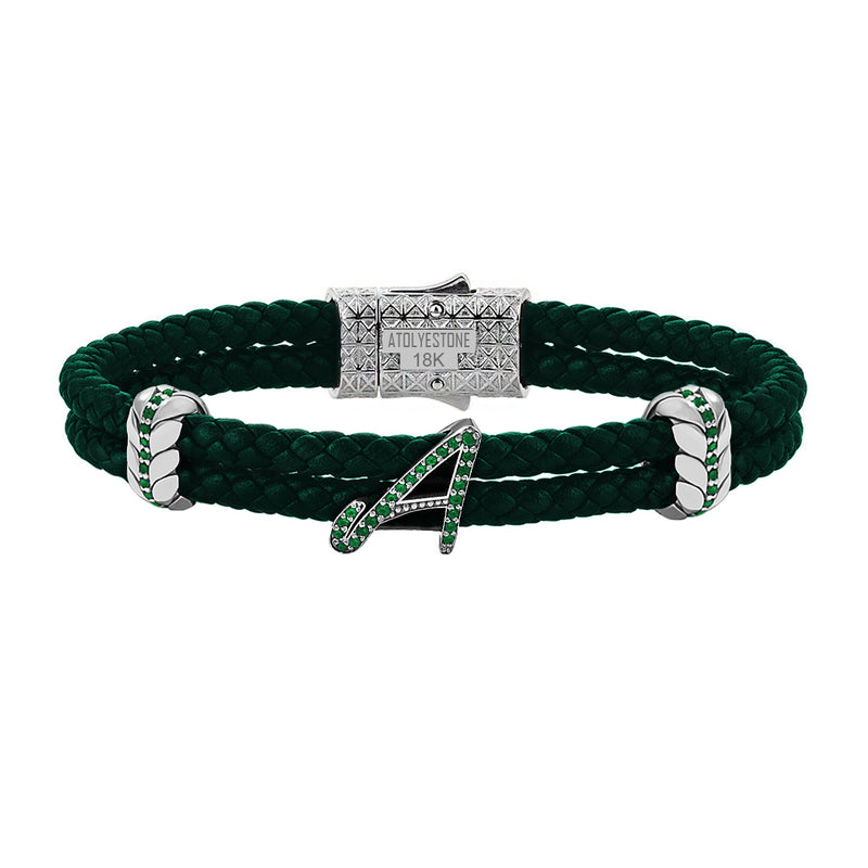 Atolyestone Solid Gold Leather Bracelet with Pave Italic Letters Green Nappa White Gold