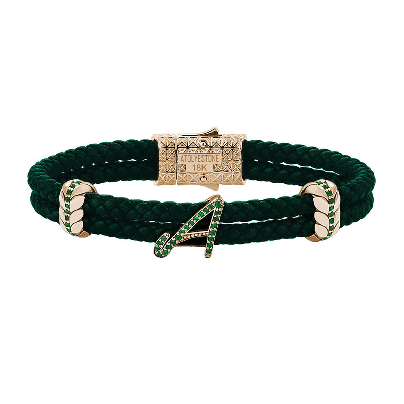 Atolyestone Solid Gold Leather Bracelet with Pave Italic Letters Green Nappa Yellow Gold