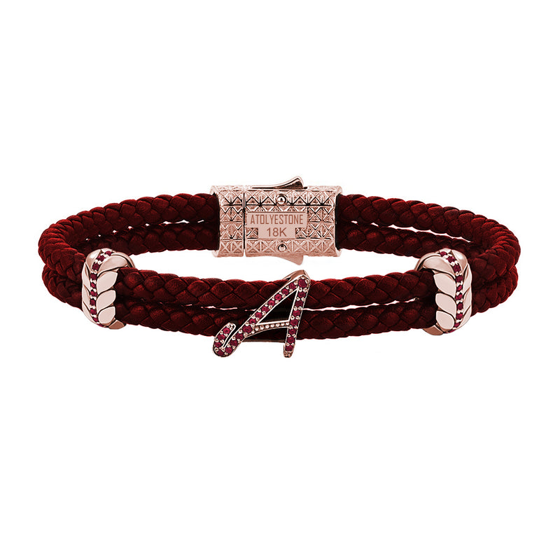 Atolyestone Solid Gold Leather Bracelet with Pave Italic Letters Red Nappa Rose Gold