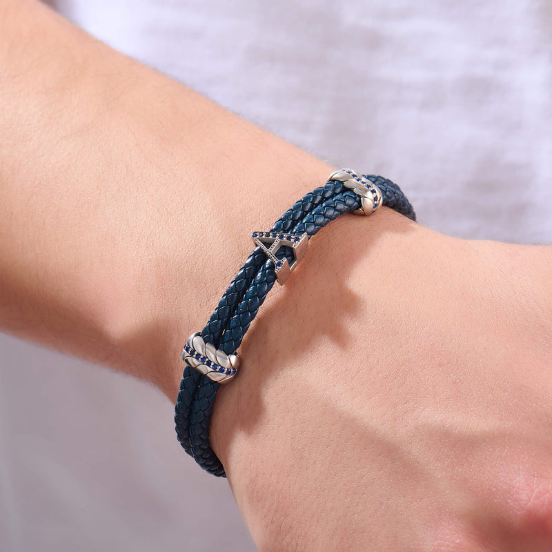 Atolyestone Men's Paved Leather Statement Bracelet in 925 Solid Silver