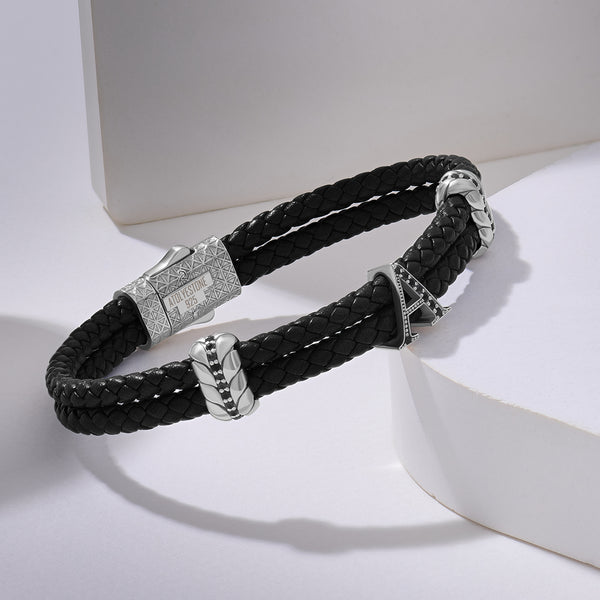 Atolyestone Men's Pave Leather Bracelet with 925 Sterling Silver Initials Black Nappa Silver