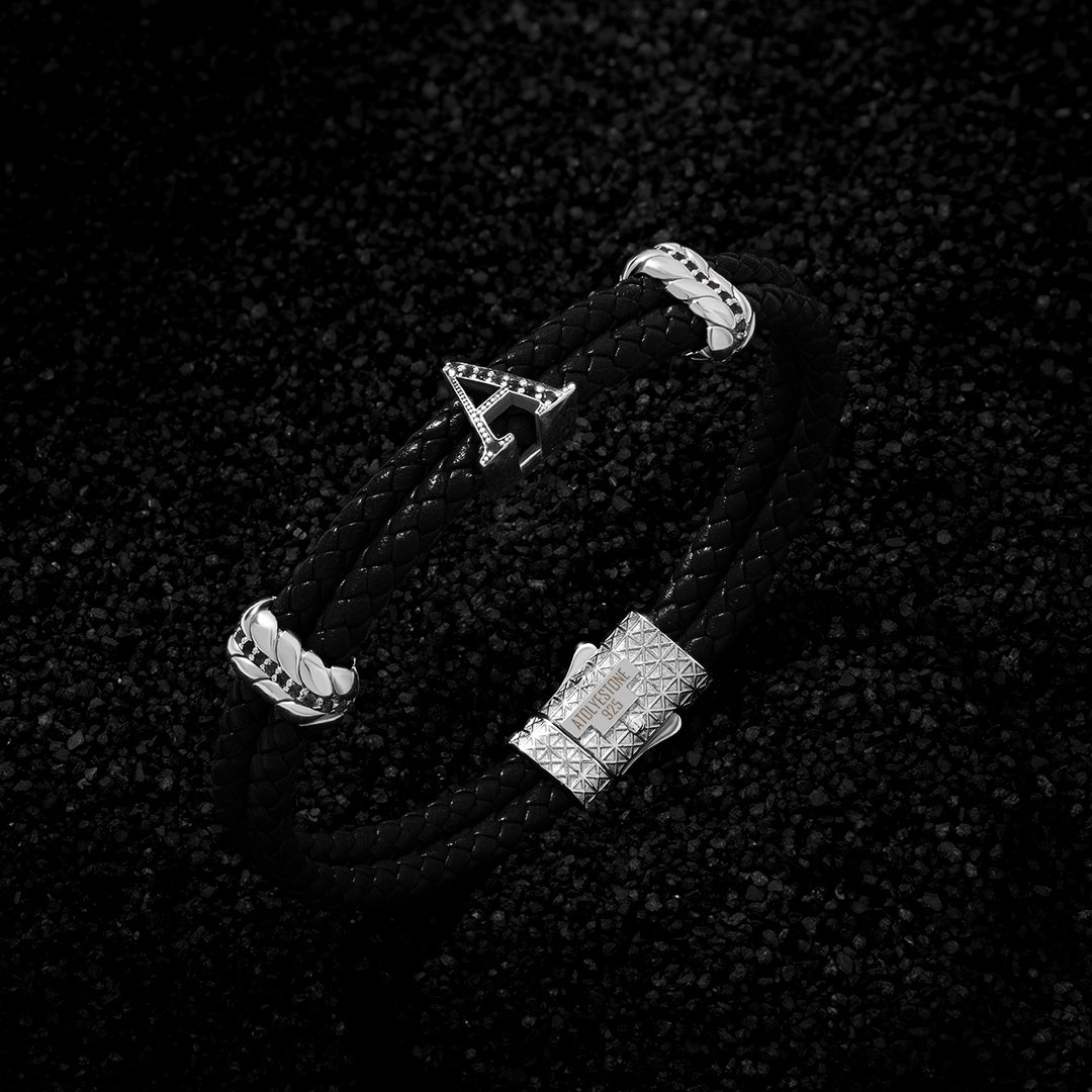 Men's Pave Leather Bracelet with Solid Silver Initials Black Nappa Silver