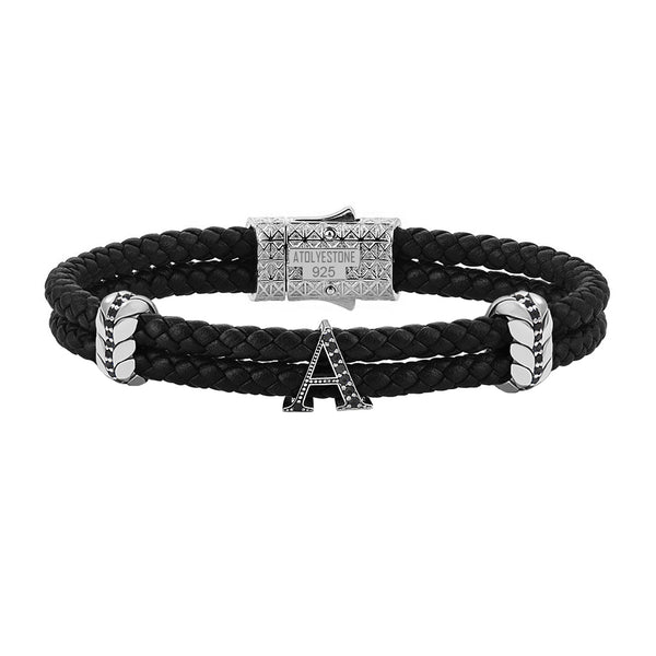 Atolyestone Men's Pave Leather Bracelet with Solid Silver Initials Black Nappa Silver