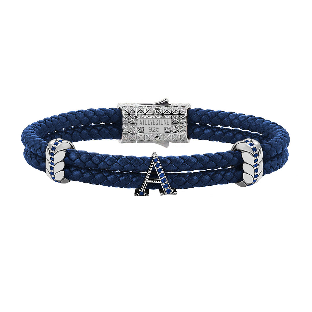 Atolyestone Men's Pave Leather Bracelet with Solid Silver Initials Blue Nappa Silver