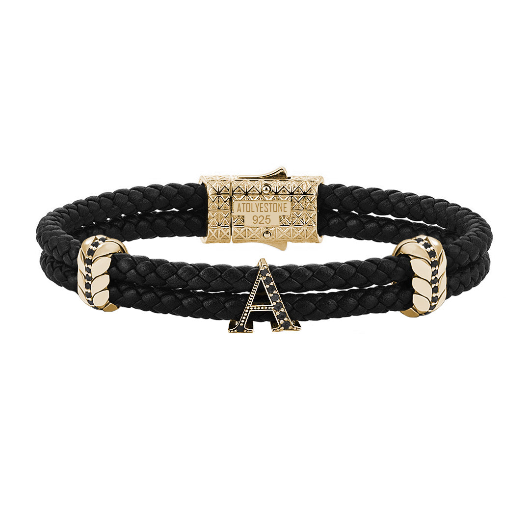 Men's Pave Leather Bracelet with Solid Silver Initials Black Nappa Yellow
