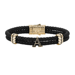 Men's Pave Leather Bracelet with Solid Silver Initials Black Nappa Yellow