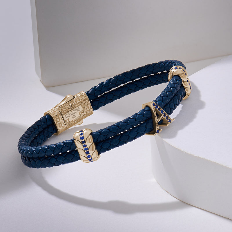 Pave Leather Bracelet with Solid Gold Initials - Blue Nappa Yellow Gold