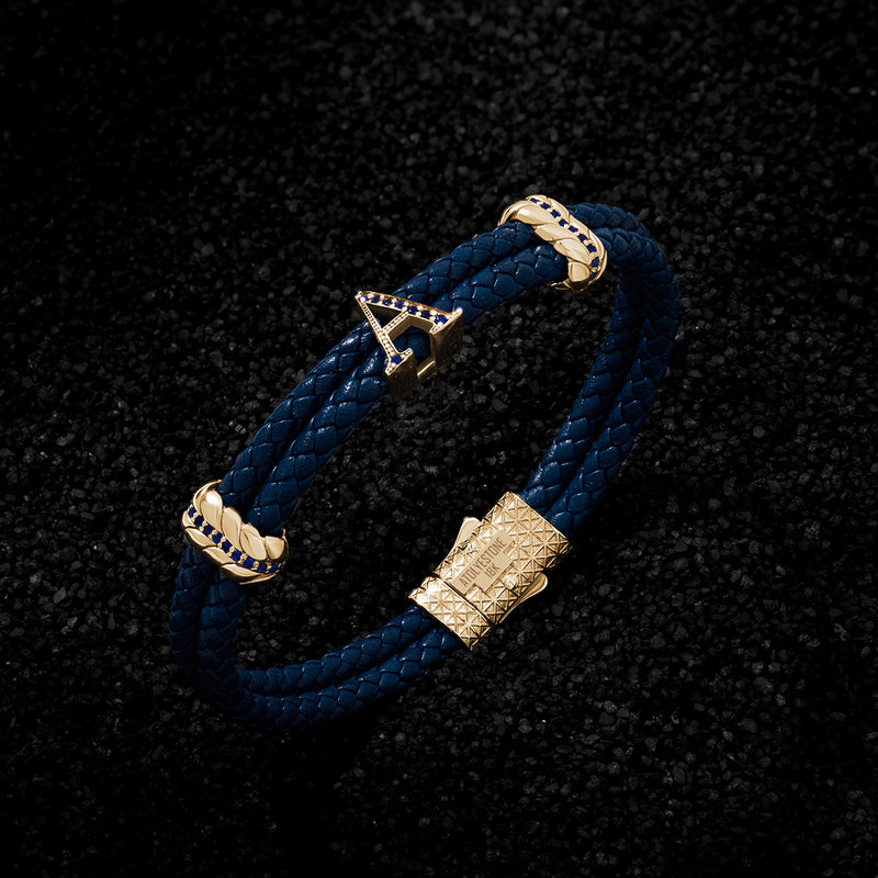 Men's Pave Leather Bracelet with Solid Gold Initials - Blue Nappa Yellow Gold