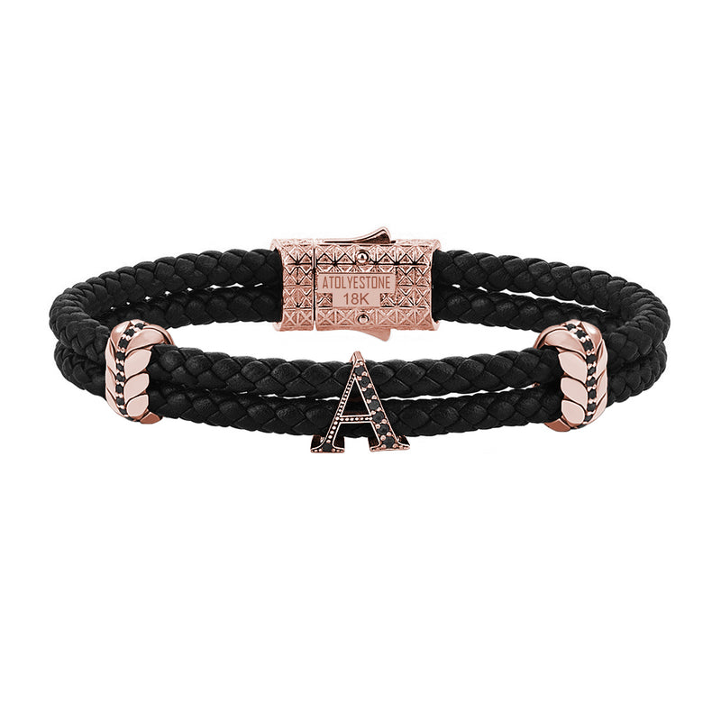 Atolyestone Men's Pave Leather Bracelet with Solid Gold Initials - Black Nappa Rose Gold