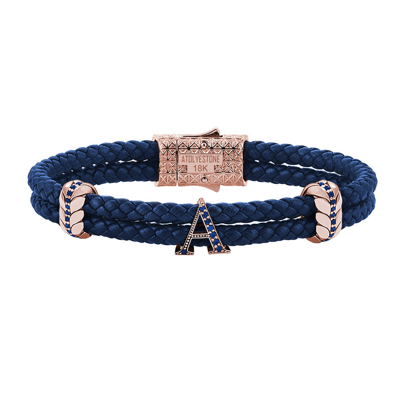 Atolyestone Men's Pave Leather Bracelet with Solid Gold Initials - Blue Nappa Rose Gold