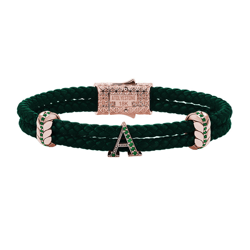 Atolyestone Men's Pave Leather Bracelet with Solid Gold Initials - Green Nappa Rose Gold