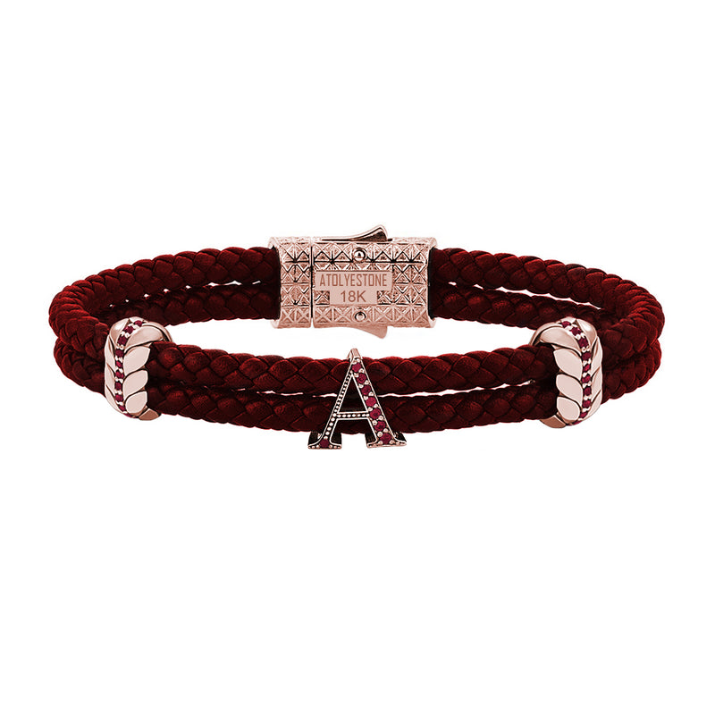 Atolyestone Men's Pave Leather Bracelet with Solid Gold Initials - Red Nappa Rose Gold