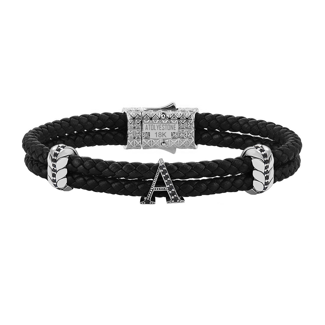 Atolyestone Men's Pave Leather Bracelet with Solid Gold Initials - Black Nappa White Gold