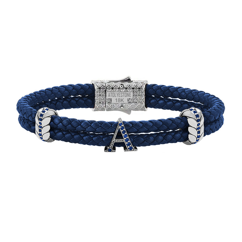 Atolyestone Men's Pave Leather Bracelet with Solid Gold Initials - Blue Nappa White Gold