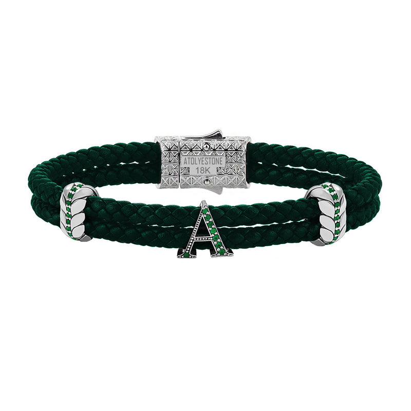 Atolyestone Men's Pave Leather Bracelet with Solid Gold Initials - Green Nappa White Gold