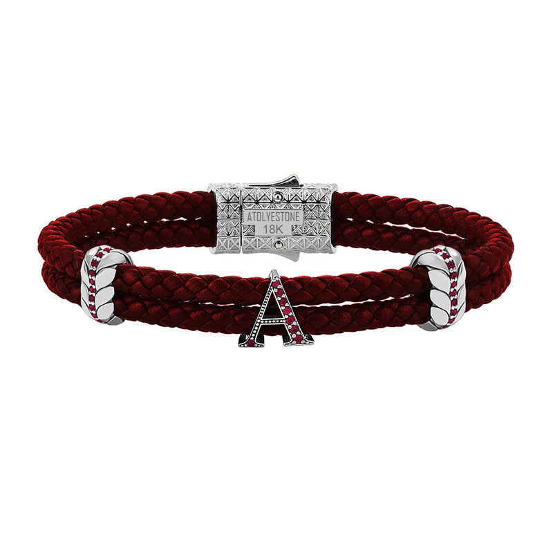 Atolyestone Men's Pave Leather Bracelet with Solid Gold Initials - Red Nappa White Gold