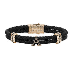 Atolyestone Men's Pave Leather Bracelet with Solid Gold Initials - Black Nappa Yellow Gold