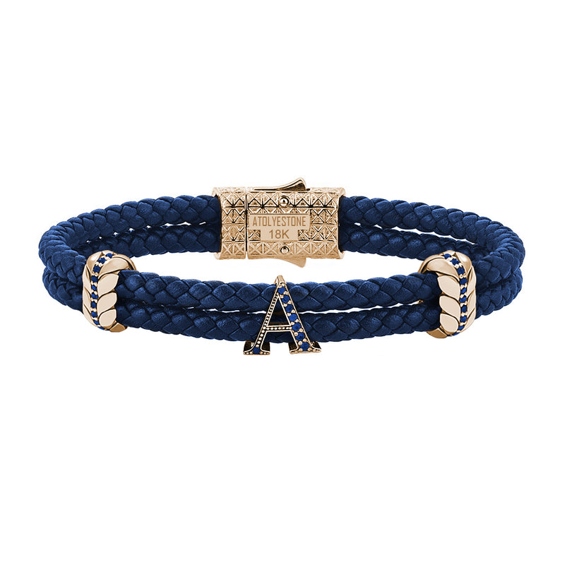 Atolyestone Men's Pave Leather Bracelet with Solid Gold Initials - Blue Nappa Yellow Gold