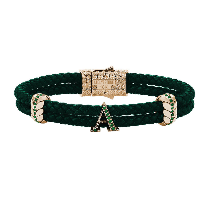 Atolyestone Men's Pave Leather Bracelet with Solid Gold Initials - Green Nappa Yellow Gold