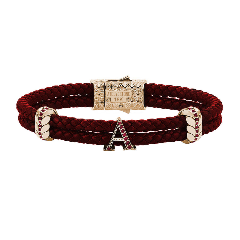 Atolyestone Men's Pave Leather Bracelet with Solid Gold Initials - Red Nappa Yellow Gold