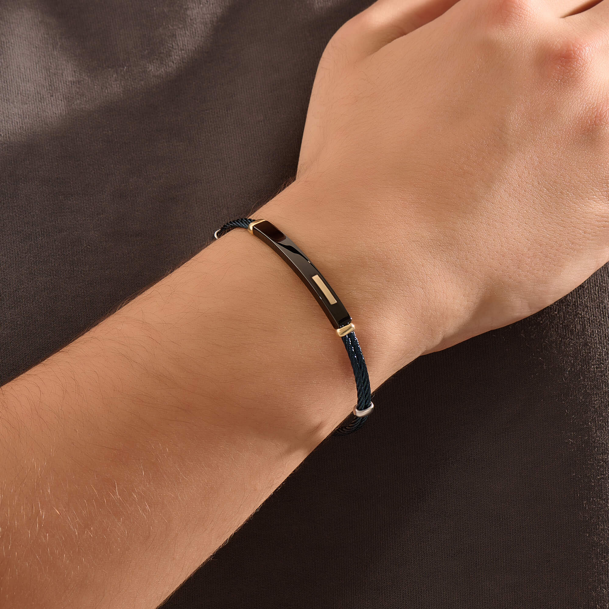 Men's Azure Noir Double Cable Bracelet with 14K Solid Yellow Gold Accents