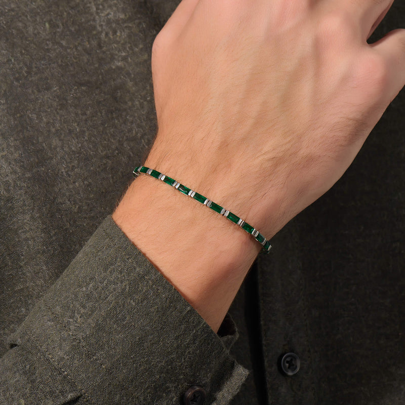 Men's Baguette Emerald Paved Tennis Bracelet in Solid Gold