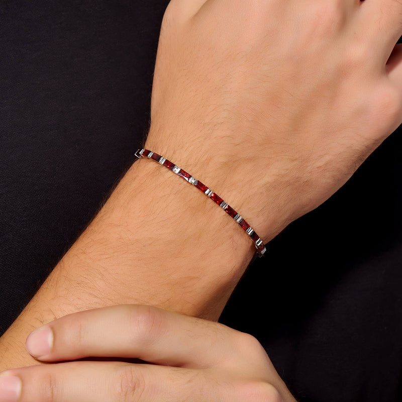 Men's Baguette Ruby Paved Tennis Bracelet in 925 Sterling Silver