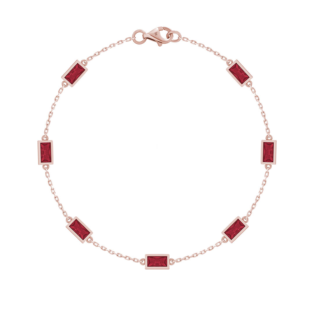 Baguette Chain Bracelet in Solid Gold - Rose Gold & Ruby