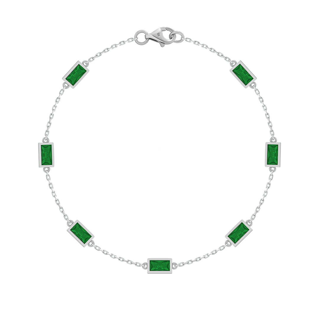 Baguette Chain Bracelet in Solid Gold - White Gold & Emerald