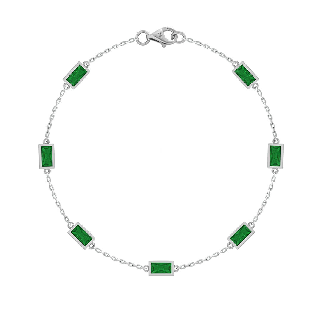 Baguette Chain Bracelet in Solid 925 Silver - Lab-Grown Emerald