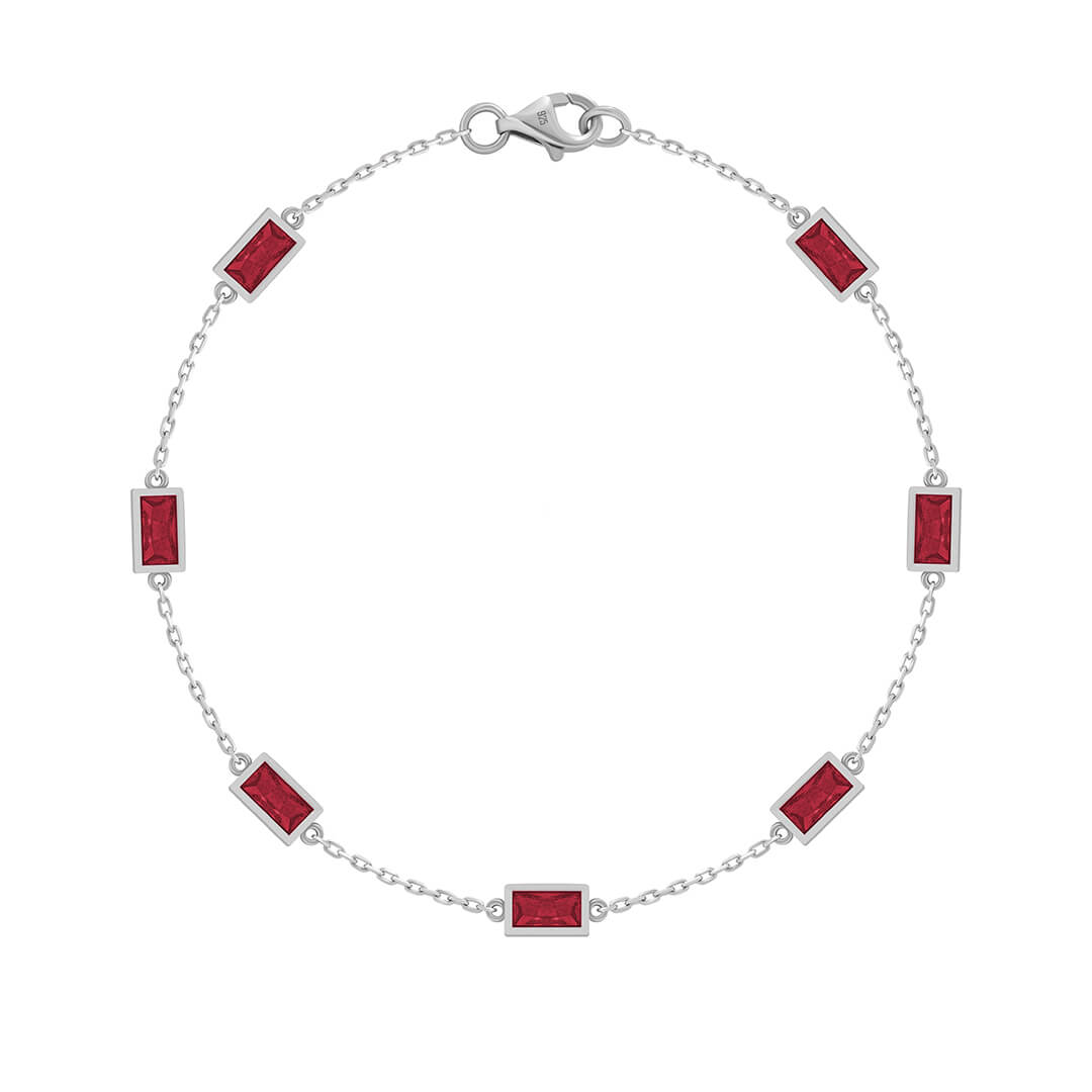 Baguette Chain Bracelet in Solid 925 Silver - Lab-Grown Ruby