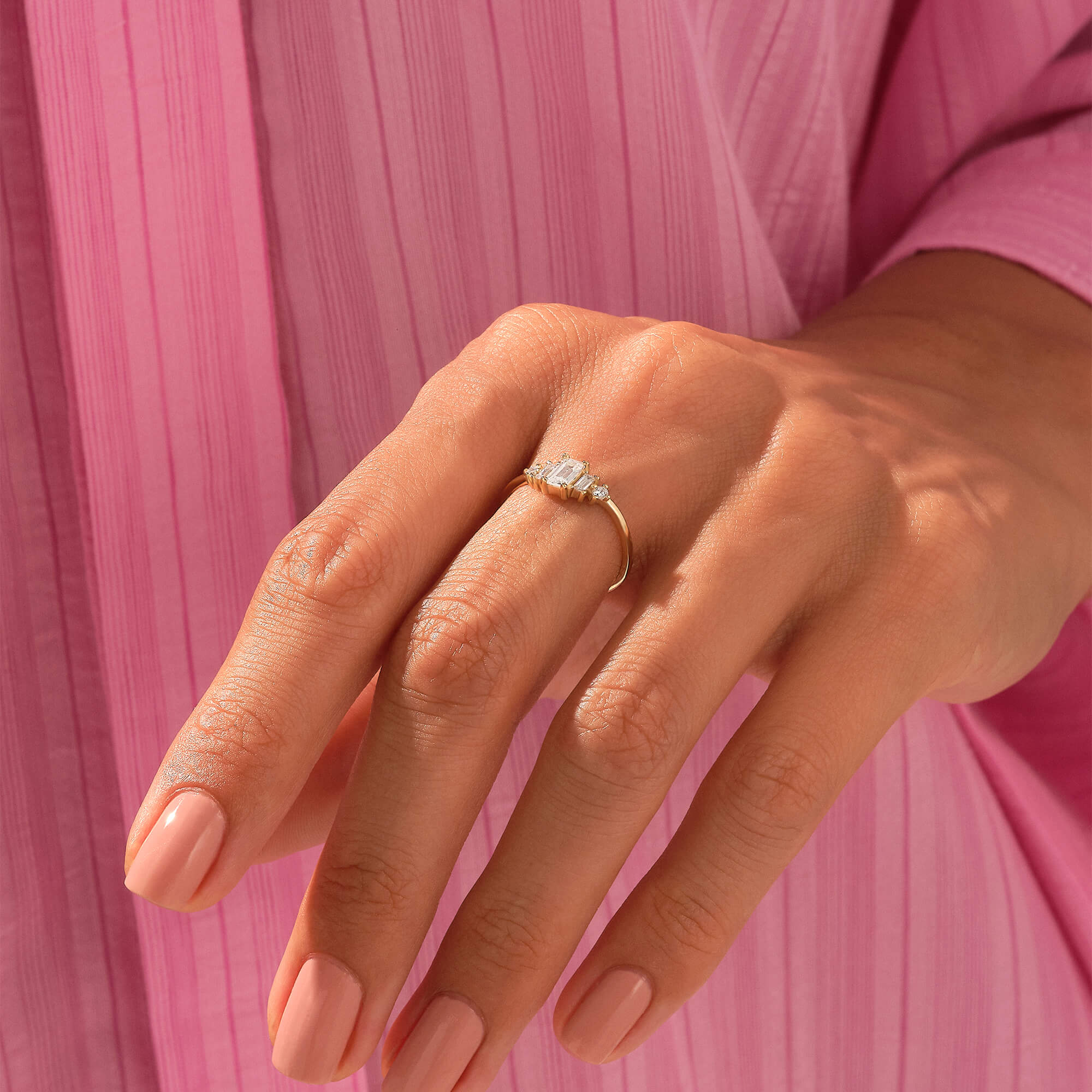 Women's Baguette Diamond Three Stone Engagement Ring in Solid Gold