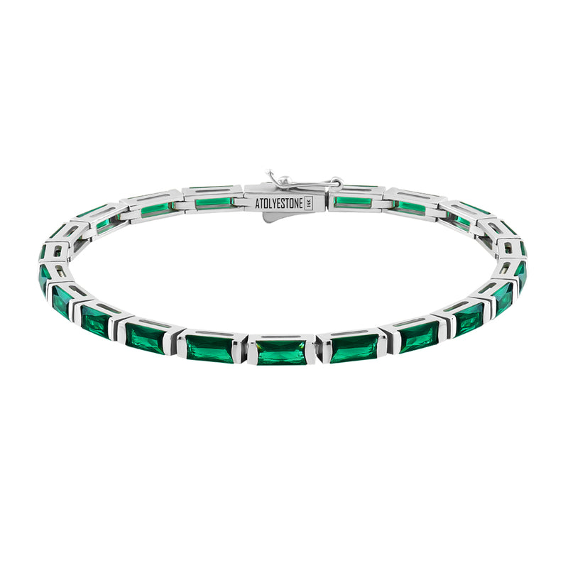 Men's Baguette Emerald Tennis Bracelets in 14K Solid White Gold