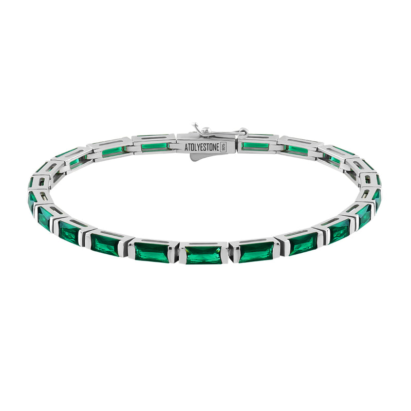 Men's Baguette Emerald Tennis Bracelets in Solid Silver