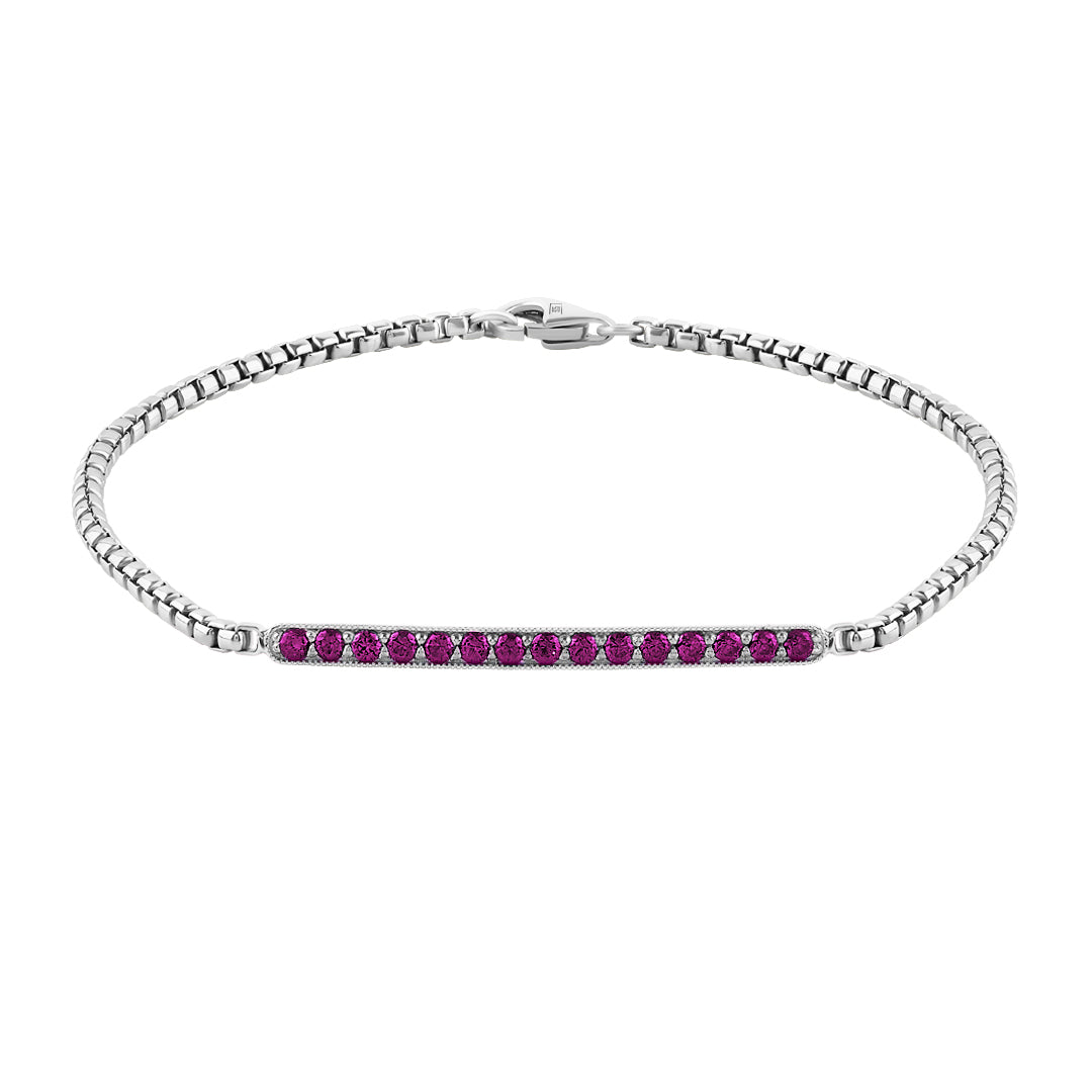 925 Sterling Silver Ruby Pave Bar Chain Bracelet - Atolyestone