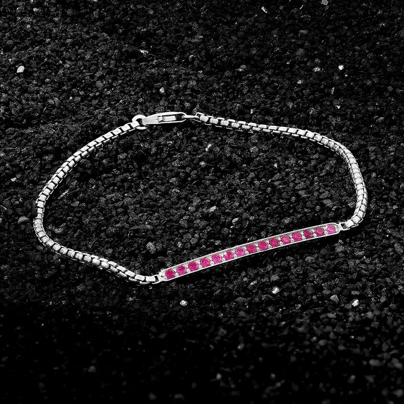 925 Sterling Silver Box Chain Bracelet with Lab-Created Ruby Pave Bar