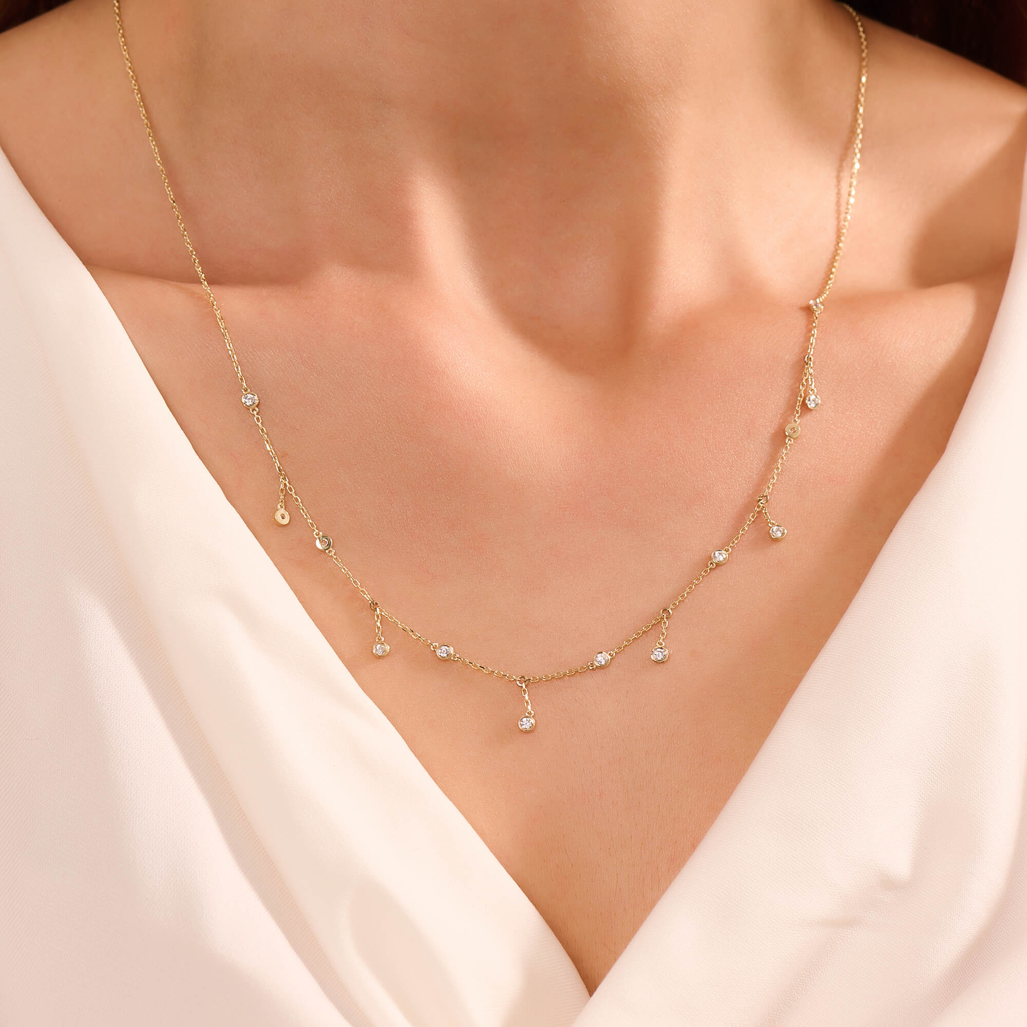 Women's Bezel Diamond Fringe Necklace in Solid Yellow Gold
