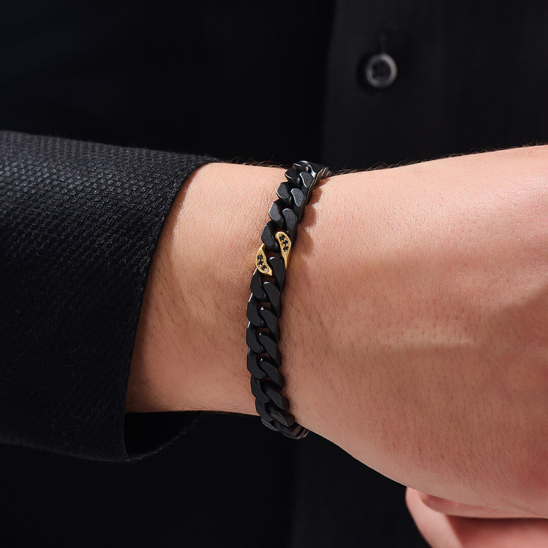 Men's Black Ceramic Diamond Cuban Links Bracelet with 14K Sollid Yellow Gold