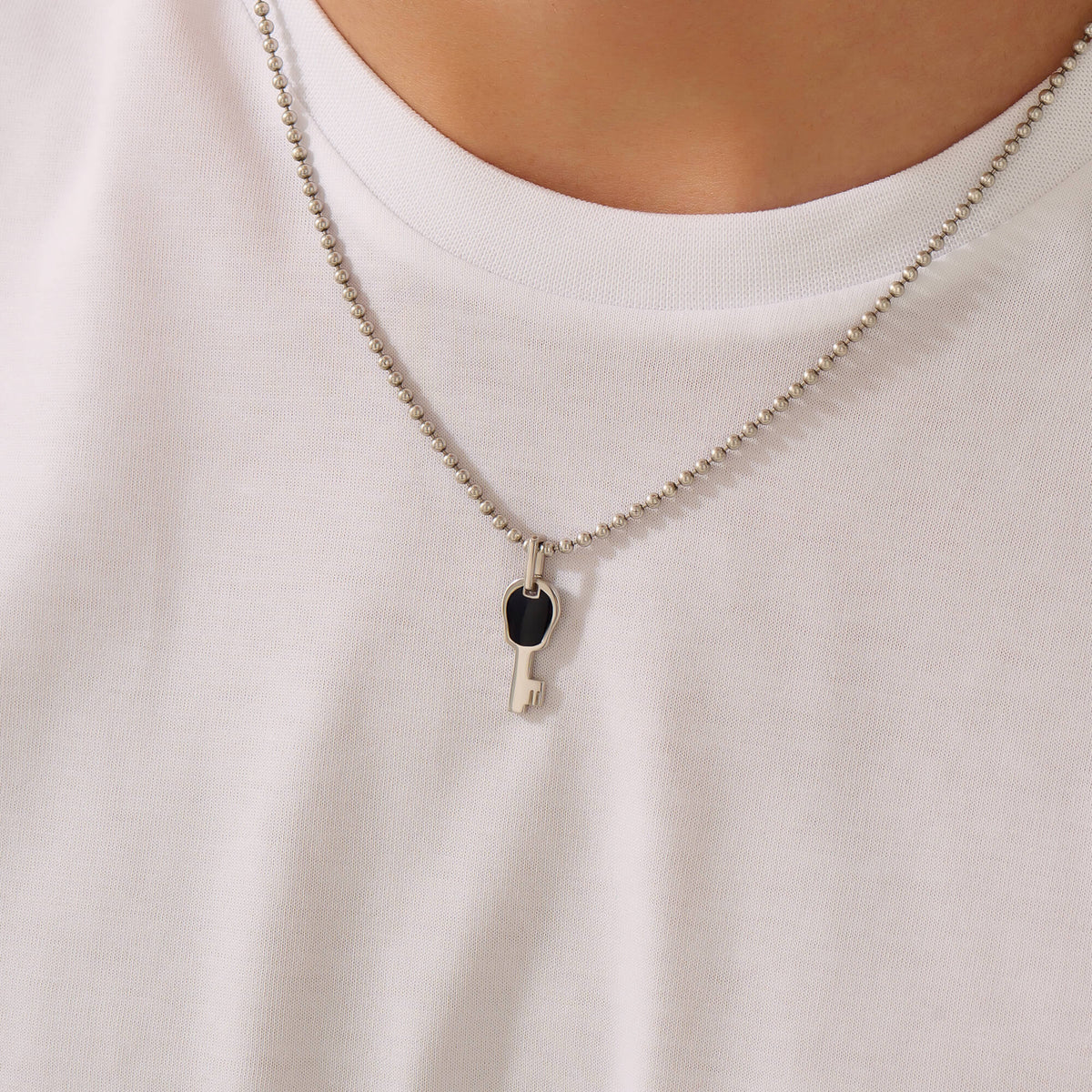 Silver Key Pendant with Black Enamel for Men