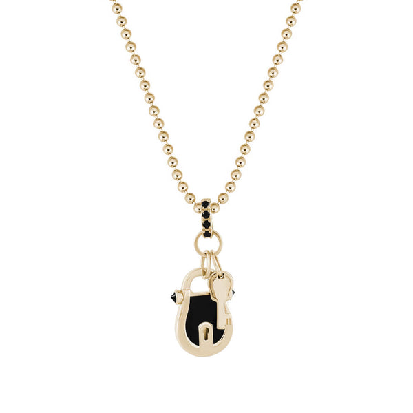 Black Enamel Lock and Key Pendant in Solid Yellow Gold