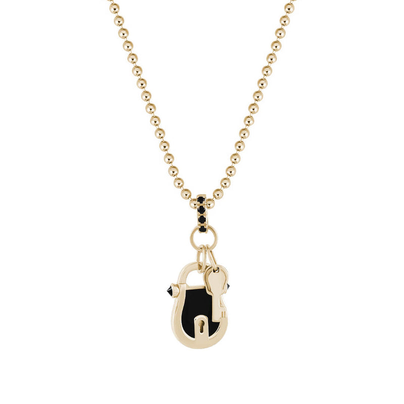 Black Enamel Lock and Key Pendant in Solid Yellow Gold