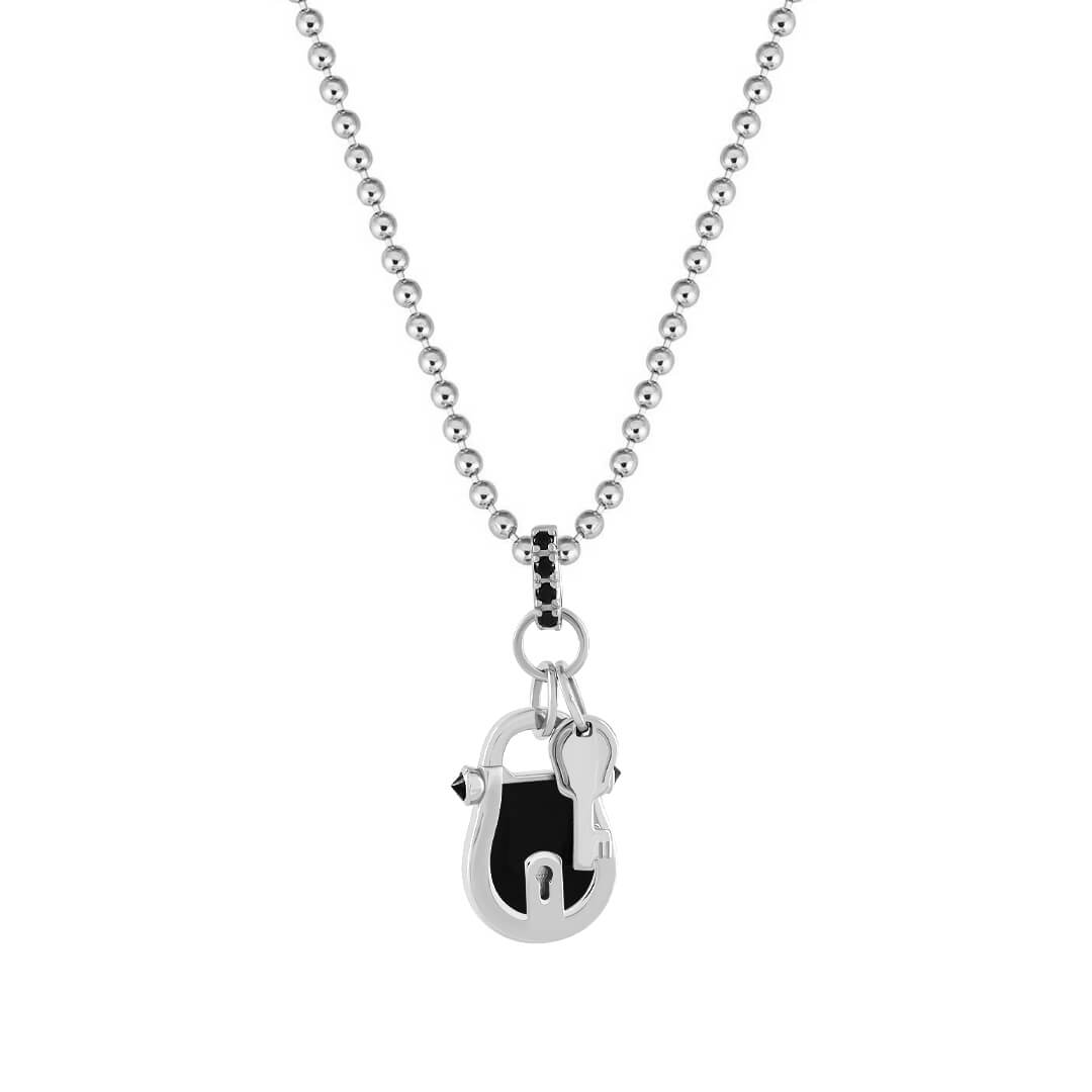 Black Enamel Lock and Key Pendant in Solid White Gold